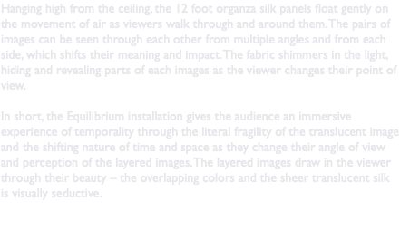 Hanging high from the ceiling, the 12 foot organza silk panels float gently on the movement of air as viewers walk through and around them. The pairs of images can be seen through each other from multiple angles and from each side, which shifts their meaning and impact. The fabric shimmers in the light, hiding and revealing parts of each images as the viewer changes their point of view. In short, the Equilibrium installation gives the audience an immersive experience of temporality through the literal fragility of the translucent image and the shifting nature of time and space as they change their angle of view and perception of the layered images. The layered images draw in the viewer through their beauty – the overlapping colors and the sheer translucent silk is visually seductive. 